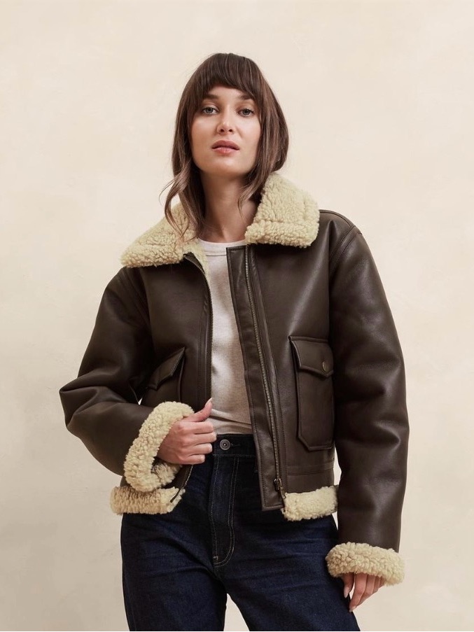 Nwt Banana Republic Faux Shearling Vegan Leather Bomber Jacket Xs (Xxs On Tag)